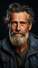 Obraz premium Portrait Of A Mature Man with a Little smile At The Camera. Right side of the picture. Man face portrait illustration. Generative AI