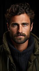 Fototapeta premium Isolated shot of young handsome male with beard, mustache and trendy hairdo, wears casual grey sweater, has serious expression as listens to interlocutor. Man portrait illustration. Generative AI