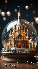 Frozen snow globe christmas magic ball with flying snowflakes and church and attraction. Christmas snow globe. Generative AI