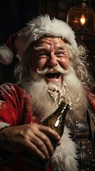 Drunk Santa. Fat santa claus drinks champagne from the neck of a bottle and holds a cap in his hand. Cool Christmas concept. Generative AI