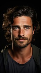 Portrait of young smiling handsome man on background. Man face portrait illustration. Generative AI