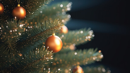 Obraz na płótnie Canvas Close up Christmas tree background with golden ball
