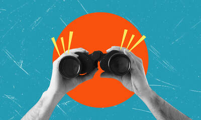 Planning and analytics, art collage. Hands holding binoculars on blue background with orange circle.