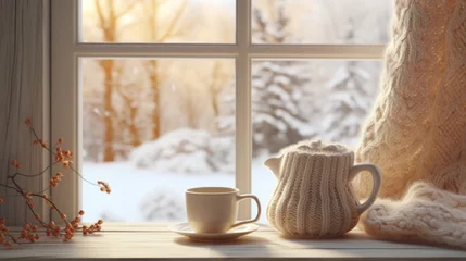 Foto auf Leinwand Cup of coffee and knitted sweater on the window age with winter scene outside © tashechka