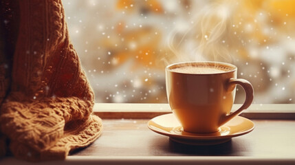 Cup of coffee and knitted sweater on the window age with winter scene outside