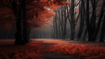 Autumn forest with red leaves and some red trees - Powered by Adobe