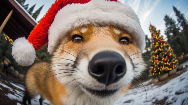 Fox on Santa hat on blur bokeh background