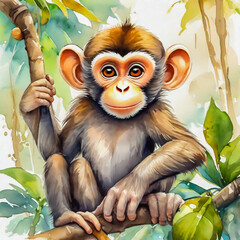 Cute little monkey cartoon in watercolor painting style.