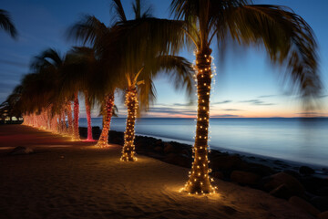 AI Generated Image. Night with Christmas decorated palm trees next to the ocean at the resort - 669913487