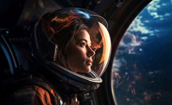 AI Generated Image. Female space traveler looking through the spaceship window
