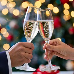 Pareja de novios brindando con champagne en Navidad - obrazy, fototapety, plakaty