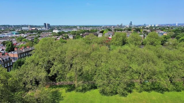London, England: Aerial view of capital city of UK, Highbury Fields Park in Islington on sunny summer day - landscape panorama of United Kingdom from above