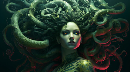portrait of medusa with snake hair - obrazy, fototapety, plakaty