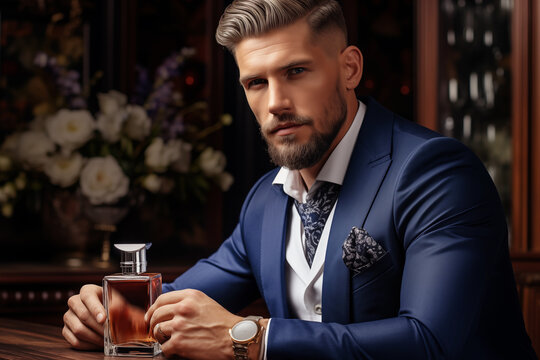 Serious handsome man in a blue suit holds a bottle of perfume in an expensive interior.