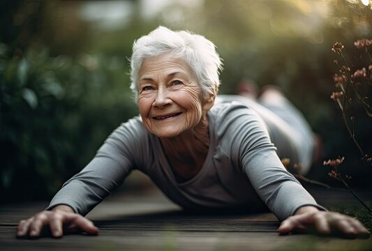 Portrait Of An Elderly Woman Doing Yoga In Nature