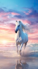 Obraz na płótnie Canvas a beautiful white wild horse with very Long hair running in a soft white sand beach