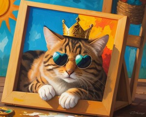 crowned cat with sunglasses, colection, colored background, portrait cat, ai generated
