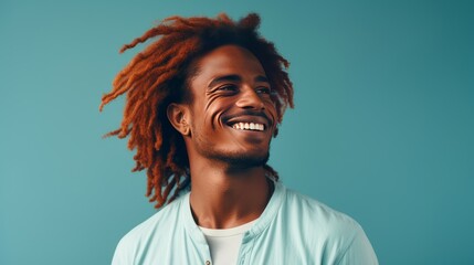 Obraz premium Portrait of an elegant sexy smiling African man with dark, perfect skin, red long hair, on a light blue background.