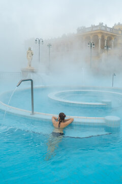 Woman relaxing at the famous Szechenyi thermal bathes in Budapest, Hungary