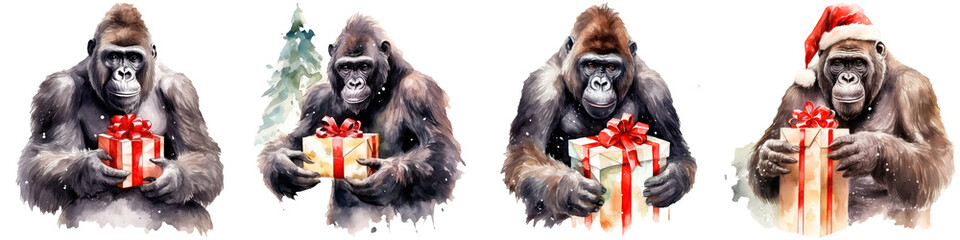 Gorilla unwrapping gift on white background, christmas or new year concept