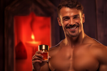A handsome muscular young man with a naked torso holds a bottle of perfume or deodorant in a beautiful interior.