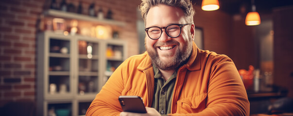 Happy fat man with smartphone sitting indoors. - obrazy, fototapety, plakaty