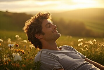 Man laying down on green grass field