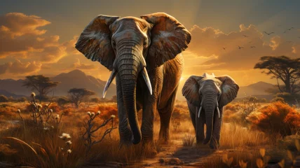 Poster African elephant family in front of the stunning savanna sky at sunset © senadesign