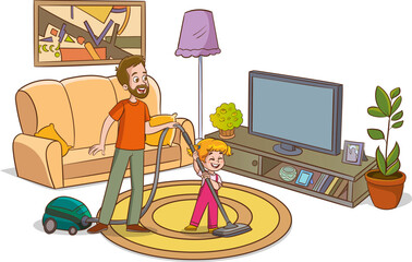 Family housework. Parents and kids clean up house cartooon vector