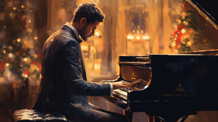 Man playing the piano in a restaurant with Christmas trees in the background, pianist performing jazz music during Christmas celebration