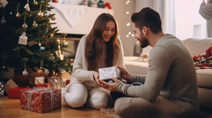 Couple exchanging gifts near Christmas tree, woman giving a present to a man while smiling in a decorated living room, Christmas presents