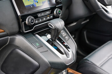 automatic transmission shift selector in the car interior. Closeup a manual shift of modern car...