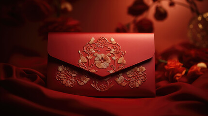 Ornate red envelope with money for gift, Chinese envelope present against a beautiful red background