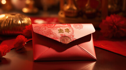Chinese red envelope, China New Year gift, ornate envelope design on a table close-up