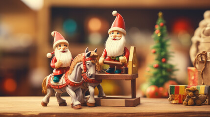 Wooden Santa Claus toy figurines in a workshop, horse, craftmanship
