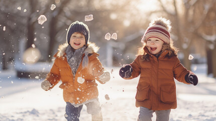 Two kids playing in the snow on a sunny winter day. Boy and girl in winter clothes having fun outdoors during December.