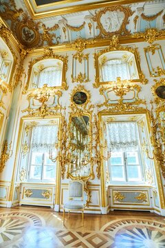 PETERHOF, Russia - May 29, 2021: Interior of the rooms of the Grand Peterhof Palace. Architecture and sculpture of the 18th century