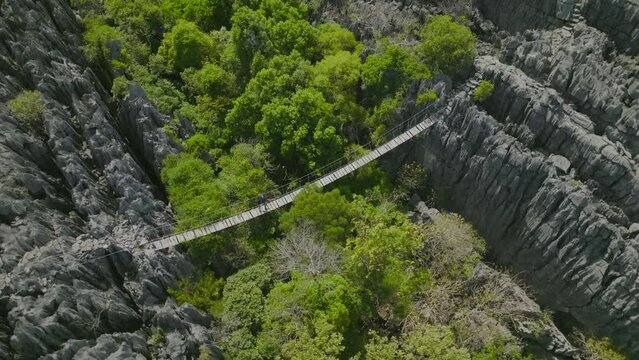 Fly over the tourist on the bridge rope between stones and rocks in forest on Madagascar