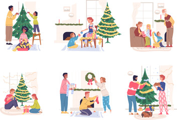 People christmas preparation. Happy family decorate tree, guy girl children preparing home new year party, couple friends gift celebrate winter holiday, classy vector illustration