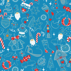 Christmas seamless doodle pattern. The decoration is sewn by hand from jeans, denim. Ball, socks, houses, gingerbread, stick, tree ad other. Christmas Denim Collection