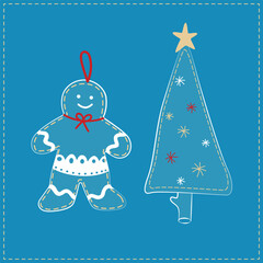 Christmas tree decoration - gingerbread man and Christmas tree. The decoration is sewn by hand from jeans, denim. Christmas Denim Collection