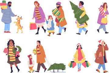 Fototapeta na wymiar People carrying christmas gifts. Walking characters gift box, family couple prepare wrapped present on winter holiday, noel shopping man carry xmas tree, classy vector illustration