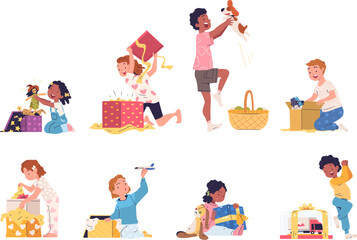 Children opening gifts. Kid boys and girls unwrap presents, excited children unpacking gift box, birthday celebration christmas surprise, child gifting classy vector illustration
