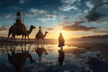 Foto op Plexiglas Silhouette of Muslim woman with camels at sunset. 3d rendering, match the image, AI Generated © Ifti Digital