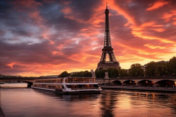 Eiffel tower and river Seine at sunset, Paris, France, The Eiffel Tower and the Seine river at sunset, AI Generated