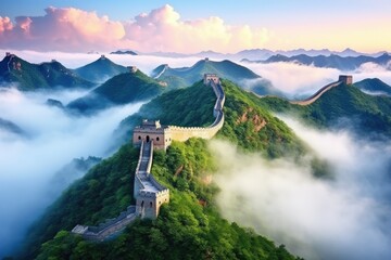 Great Wall of China at sunrise,panoramic view with clouds, The Great Wall of China in the mist , lying long, surrealist view from drone photography, 8k , AI Generated - obrazy, fototapety, plakaty