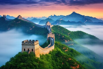 Great Wall of China at sunrise. Great Wall of China is one of the wonders of the world, The Great Wall of China in the mist , lying long, surrealist view from drone photography, 8k , AI Generated - obrazy, fototapety, plakaty