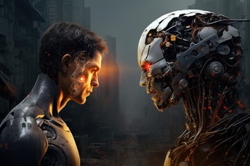 Cyborg woman and robot face to face. This is a 3d render illustration, The Interface of War: A tense confrontation unfolds between a masked human and a powerful AI robot, AI Generated