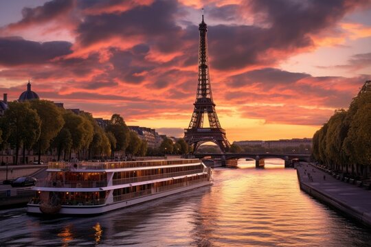 Eiffel Tower at sunset in Paris, France. View from Seine river, The Eiffel Tower and the Seine river at sunset, AI Generated