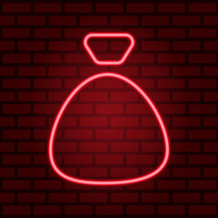 Red neon gift bag isolated on illuminated brick wall background. Illustration